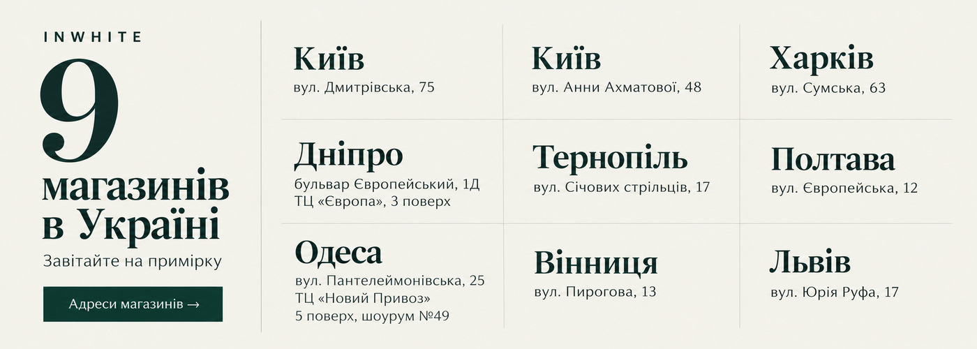 9 магазинів InWhite в Україні: Київ — вул. Дмитрівська, 75; Київ — вул. Анни Ахматової, 48; Харків — вул. Сумська, 63; Дніпро — бульвар Європейський, 1Д, ТЦ «Європа», 3 поверх; Тернопіль — вул. Січових стрільців, 17; Полтава — вул. Європейська, 12; Одеса 